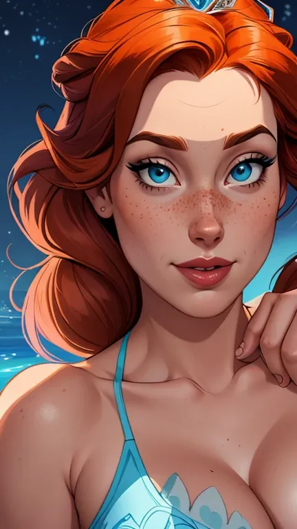 Beautiful portrait mode pose Cartoon character character in dynamic pose two women together with freckles on their faces Disney princess Queen Anna of Arendelle with 1,60cm on the left and along with a symmetrical body and beautiful breasts, corpo bem defi...