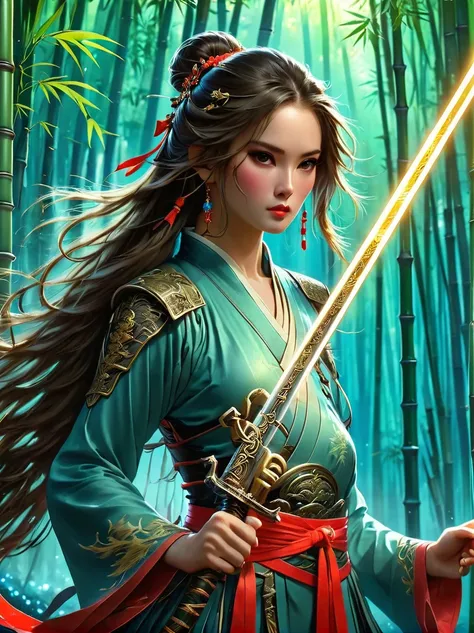 (Female swordsman:1.5), (swordsman), solo, Holding a glowing sword, dress, Red ribbon, Jewelry, wind, Long sleeve, Long hair, Hair accessories, tassel, Looking at the audience, lifelike, bamboo forest, Chinese architecture, (dramatic, Tenacity, vehement:1....