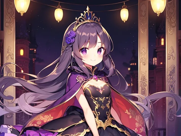 (kawaii),(best quality),(ultra detailed), upper body,(rococo style),(long train dark violet cape:1.15), very long cape,(long train dark violet ball gown with flower decorations), a girl is wearing a cape over her gown, 1 little princess, tiara, smile, smal...