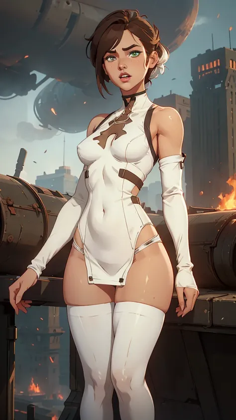 Nier Automatas 2B, with brown hair, (((wearing tight white very short one-piece dress without sleeves))), bright green eyes with brown spots, detailed lips, stain lipstick, long eyelashes, primer, cream eyeline, small low hanging and heavier breasts, narro...