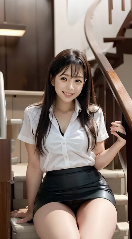 Tabletop, highest quality, 8k, office ladyー、Mei Watanabe、Award-winning portrait, smile, alone,  Digital single-lens reflex camera, Looking at the audience, Thin arms, whole body、Professional Lighting ,{{Sit on the stairs}}, Black hair short cut, office lad...