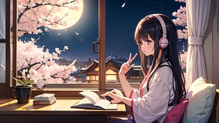 Beautiful girl studying in her room while listening to music with headphones　Warm lighting　When I look out the window on a full moon night, the cherry blossoms blow around me.　Japanese anime style