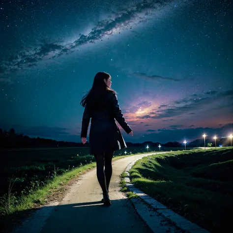 Noche estrellada. Luna llena brillante. Un largo caminonde un bosque iluminado por la luna. El bosque esta humedo debido a una lluvia anterior. En el centro del camino una chica observa la noche llena de estrellas.