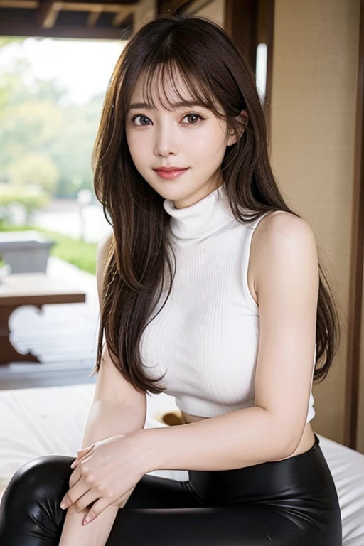 8K, 超A high resolution, Best Quality, masutepiece、超A high resolution、top-quality、 (quite massive chest、Pretty big breasts、Stand and open to the side:1.3)(white Sleeveless Turtleneck、leggings 、Beautiful Japan Woman、Super cute、Cute smile:1.25)(in a street)Co...