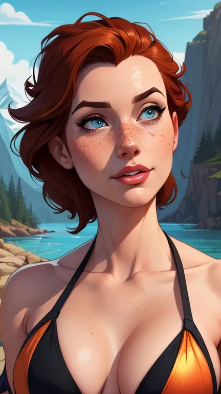 Beautiful portrait mode pose Cartoon character character in dynamic pose two women together with freckles on their faces Disney princess Queen Anna of Arendelle with 1,60cm on the left and along with a symmetrical body and beautiful breasts, corpo bem defi...