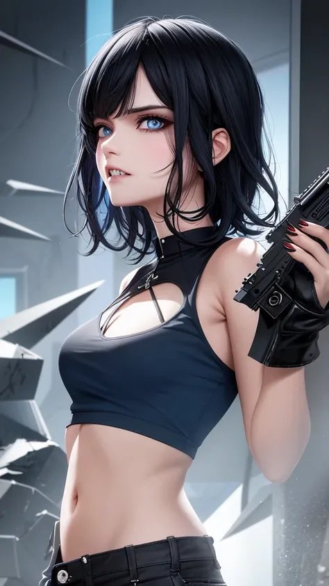 perfect face, short wavy black hair color, sharp eyes, dark blue eyeballs, solo, half zombie, sharp teeth and fangs, sharp claws, light blue crystal middle on chest, shabby black crop top, shabby dark blue cargo pants, blood on, profile picture, building d...