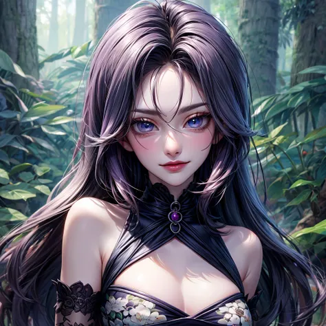 1 woman of 30 years old, {{{straight black very long hair}}}, {{{round pale blue eyes}}}, Pale purple floral print dress {exposed arms} cleavage, small smile {silver accessories}, magical forest, {best quality.}, {highreaasterpiece.}, {{{medium close up.}}...