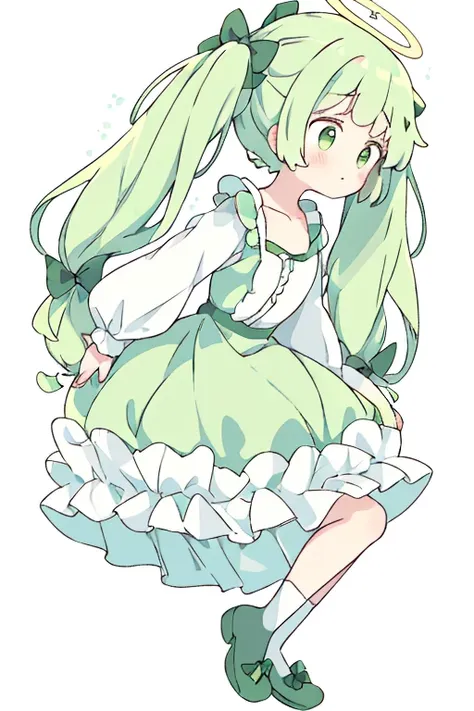 Expressionless face，Anime Style，profile，(((White background)))，Green Hair，ribbon，One girl，Bright green eyes，uniform，Long twin tails，Gorgeous Dress， Full Body Lesbian，Adorable， skirt，clavicle，long sleeves，Frills，halo，hair bow, empty eyes, smile,nsfw:2