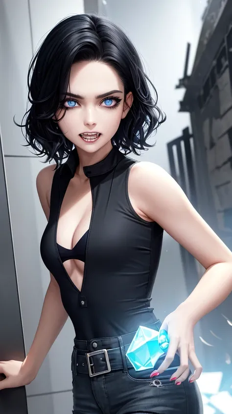 perfect face, short wavy black hair color, sharp eyes, dark blue eyeballs, solo, half zombie, sharp teeth and fangs, sharp claws, light blue crystal on chest, shabby black crop top, shabby dark blue cargo pants, blood on clothes, profile picture, building ...