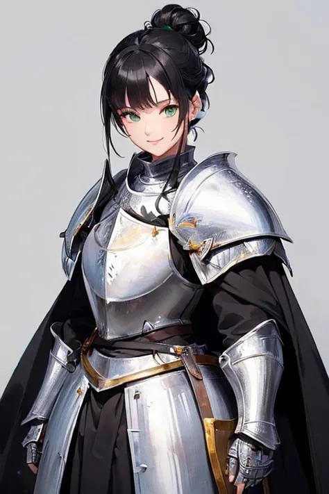 ((Masterpiece: 1.3)), ((Highest quality: 1.2)), ((Very detailed: 1.4)),
One Girl,
((Black Hair: 1.1)), ((Updo: 1.1)), Hair Bun,
((White Armor: 1.2)), (((Female knight: 1.1))),
Green Eyes,
Smile,
((Simple Background: 1.1)).