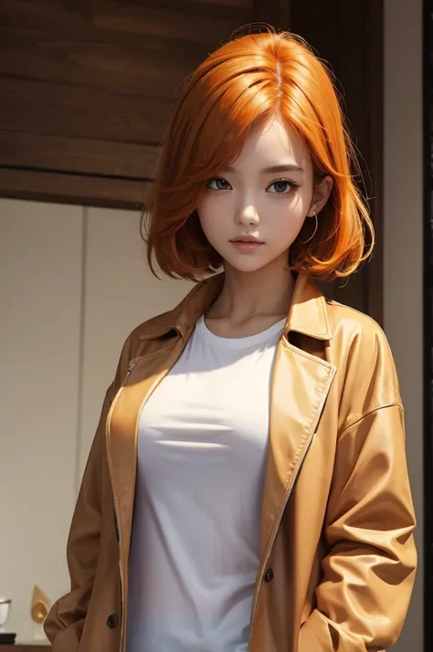 (masterpiece:1.4), (best quality:1.2), Song, 1 Girl, White shirt, Brown jacket, Orange Hair, Upper Body