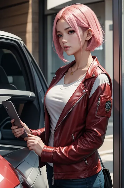 Haruno Sakura, Tempting, ((The forehead is exposed)), attractive, Sexy eyes, Red Jacket, Pink Hair, Beautifully, young, short hair, Delicate face, HD, whole body, From League of Legends, Trend at Artstation, author：rhads, Andreas Rocha, rossdraws, Shinkai ...