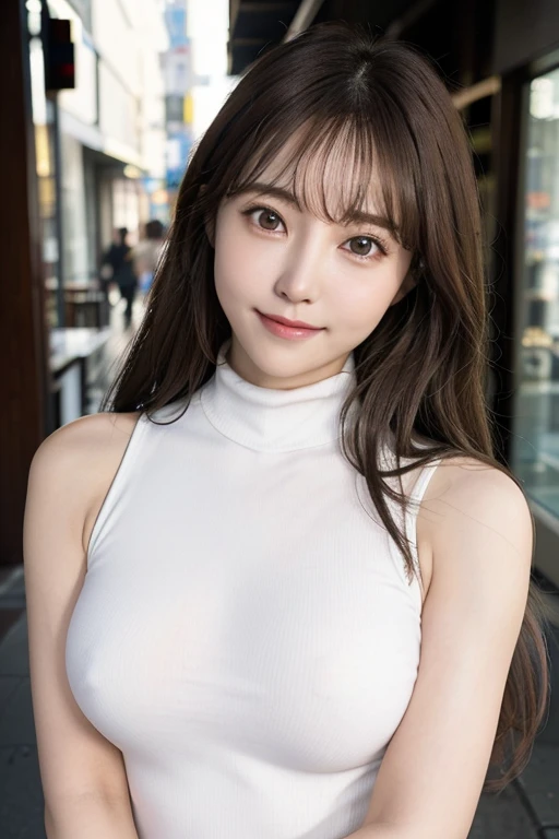 8K, 超A high resolution, Best Quality, masutepiece、超A high resolution、top-quality、 (quite massive chest、Pretty big breasts、Stand and open to the side:1.3)(white Sleeveless Turtleneck、leggings 、Beautiful Japan Woman、Super cute、Cute smile:1.25)(in a street)Co...