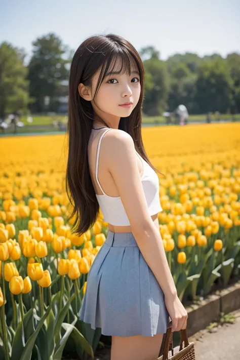 8k, masterpiece, Japanese, 10-year-old girl, Look forward, Innocent features, Kind eyes, Child-like body, The upper body is naked、Small breasts、Small breasts、Short skirt, Ultra low angle、My pants are showing、Semi-long hair, Daytime, bright, Tulip Fields