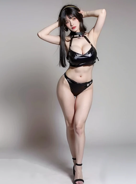 4K，masterpiece,best quality, 1 girl,Sexy，White-dissolved skin，Put your hands behind your head，Stand in front of a white wall，Lift one leg,(Full thighs)，Black long hair，无比Huge breasts,Very big breasts，Huge breasts，Nipple protrusion,One-strap open-toe high h...