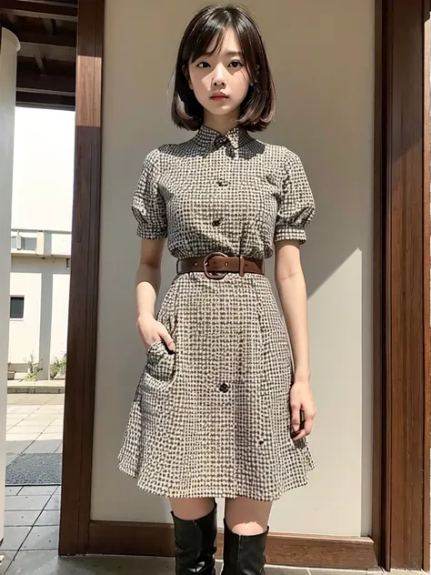 1girl、standing in front of the viewer、masterpiece、official art、high waist、brown and dark brown houndstooth a-line dress、sharp pi...