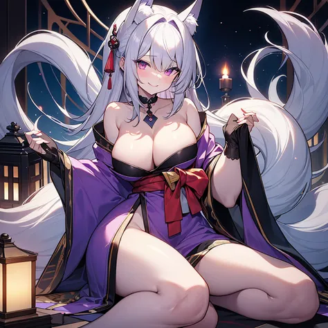 highest quality、masterpiece、4K、Gray Hair、bangs、長いGray Hair、Slanted Eyes、Purple lipstick、Glowing yellow eyes、Pale skin、nine tailed fox、Beautiful 9 white fox tails、Purple Oiran、topless、Big white fox ears、Large Breasts、Cleavage、Ruthless smile、Blue Flame、指先からB...