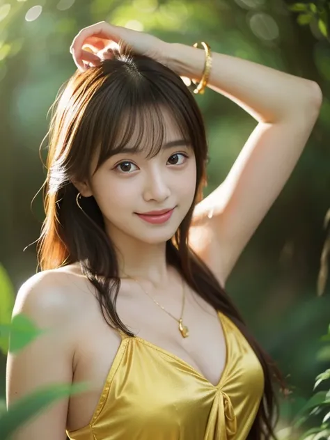 Realistic photo quality、Wearing a sheer red camisole、２０Old Japanese woman, Beautiful Japanese girl face, Gold Jewelry、Young and cute gravure idol、looking at the camera、Face Light、in the forest、Shot with a 200mm lens、The background is a blurred yellow-green...