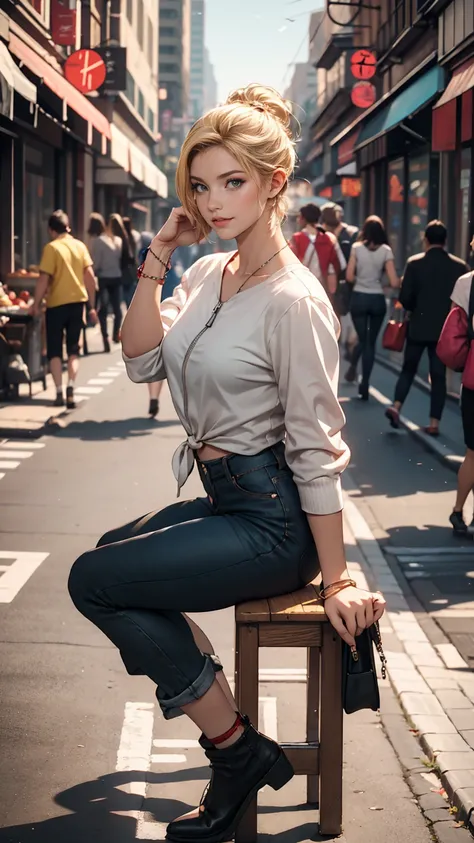 ((最high quality, 8K, masterpiece: 1.3, Ultra HD, high quality, 最high quality, High resolution, realism)) 、A 22-year-old extremely beautiful white woman、Hair color blonde、blue eyeedium Hair、Straight Hair、smile、Background blur((depth of field))、Aerial perspe...