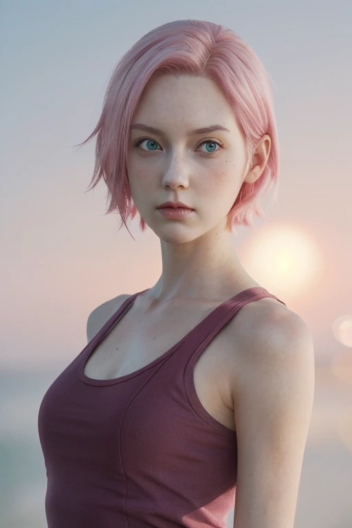 young woman, short shoulder-length pink hair, wide forehead, porcelain skin, pink eyebrows, big emerald green eyes, buttoned nose, full lips, heart-shaped face, slender body, small breasts, red tank top, Sakura Haruno , realistic, realism, details, 3d, wel...