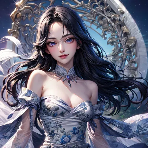 1 woman of 30 years old, {{{straight black very long hair}}} {black hair}, {{{pale blue eyes}}}, Pale purple floral print dress {exposed arms} cleavage, small smile {silver accessories}, magical forest, {best quality.}, {highreaasterpiece.}, {{{medium clos...