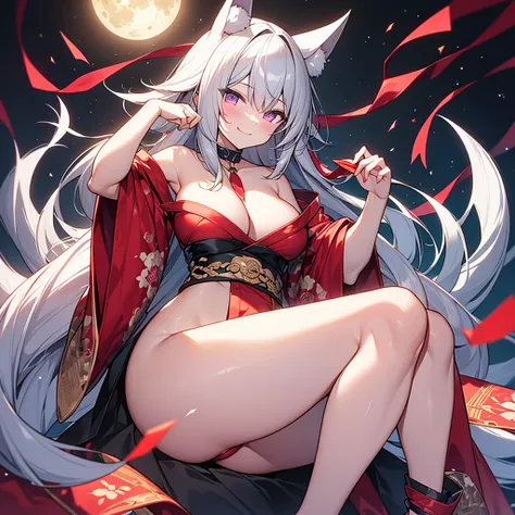 highest quality、masterpiece、4K、Gray Hair、bangs、長いGray Hair、Slanted Eyes、Purple lipstick、Glowing yellow eyes、Pale skin、nine tailed fox、Beautiful 9 white fox tails、Purple Oiran、topless、Big white fox ears、Large Breasts、Cleavage、Ruthless smile、Blue Flame、指先からB...