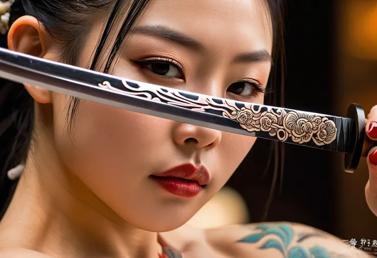 Intricate art capturing the reflection of serene clouds, seemingly suspended, on the mirror-like blade of a Japanese katana, close-up photography brings to light the unique, ultra-sharp focus on this breathtaking visual spectacle, potential grand prize con...