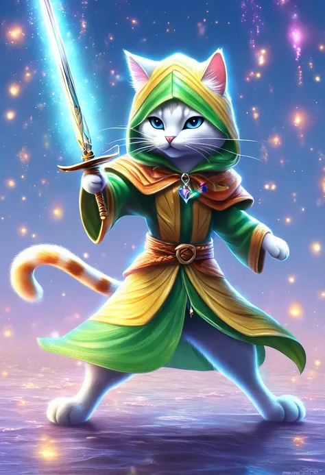 ((un gato juramentador, ropa de juramentador con capucha y espada, pose dinamica, epic:1.5)), hasta:1.4, (obra maestra),(Mejor calidad:1.0), (Ultra high resolution:1.0), pintura detallada, intrincado, paisaje submarino, (( magical, Hermoso, de otro mundo:1...