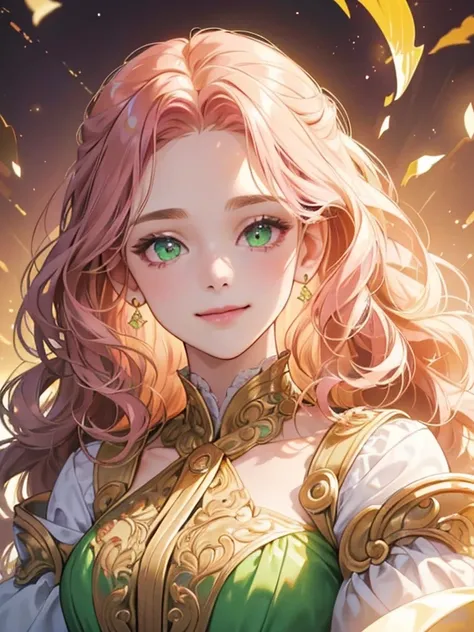 {(best quality, 8k, masterpiece, HDR, soft lighting, perfect image, 1:2 detailed face)} 1 12 year old girl, pink wavy hair, green eyes (light smile) wearing luxurious dress, dreamlike background , details in gold and sparkles