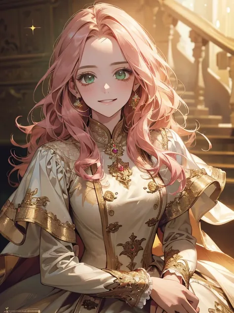 {(best quality, 8k, masterpiece, HDR, soft lighting, perfect image, 1:2 detailed face)} 1 12 year old girl, pink wavy hair, green eyes (light smile) wearing luxurious dress, dreamlike background , details in gold and sparkles