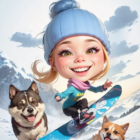 ((digital drawing)),((4k)),((JIM EIDOMODE)), cartoon girl on a snowboard with dogs and a dog, caricature style, caricature illustration, Cartoon style illustration, in cartoon style , animal caricaturist, caricaturist, cartoon portrait, caricature!!!, cari...