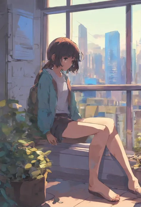 anime girl sitting on a window sill looking out at the city, digital art inspired by Makoto Shinkai, pixiv, digital art, lofi girl, lofi feel, lofi art, lofi artstyle, lo-fi art, lofi girl aesthetic, lofi vibes, lofi, anime vibes, lofi portrait at a window