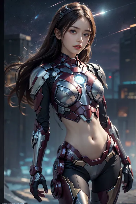 1girl Wearing bikini Iron Man mecha, cowboy shot,Like Iron Man, bikini armor, revealing a sexy lower abdomen, with full body metal armor, bare belly, Completely exposed abdomen, midriff, stomach, beautiful girl, Completely exposed abdomen, midriff, stomach...