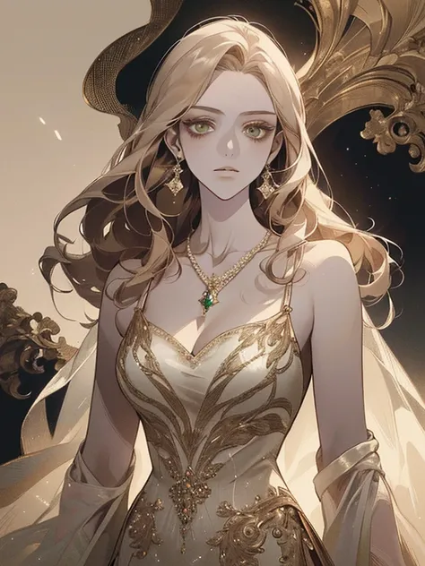 (((((masterpiece+best quality+ultra-detailed+8k wallpaper+best illustration)))), emerald, emerald eyes+pure and indescribable face, golden long hair+earrings+delicate pendant, unique necklace, sparkling Embellished with diamonds, beige waist-length dress +...