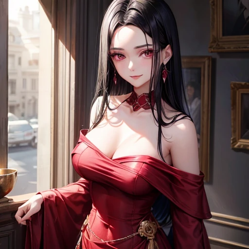 Medium-length straight black hair with exposed forehead　Red sheer off-shoulder dress　Upper Body　A slender, fragile woman　Priestly style　Long eyelashes　Smile　Pink eyes　