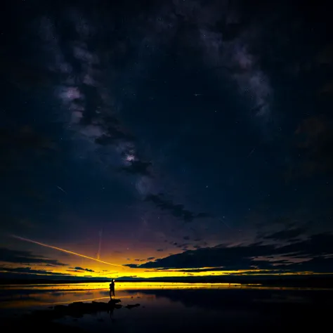 Expansive Landscape Photography. , (una vista desde abajo que muestra el cielo arriba y el campo abierto debajo), a girl standing on a flower field looking up, (Luna llena:1.2), ( estrellas fugaces:0.9), (nebulosa:1.3), distant mountain, tree BREAK product...