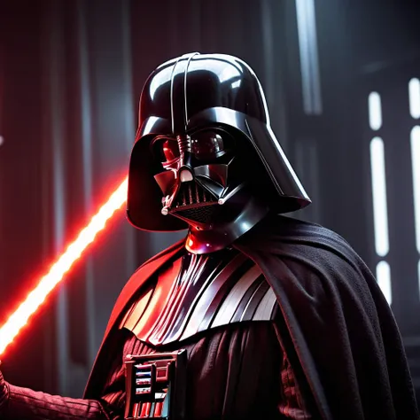 close-up of darth vader. from star wars holding a glowing red lightsaber, blade central in the frame with intentional focus pull...