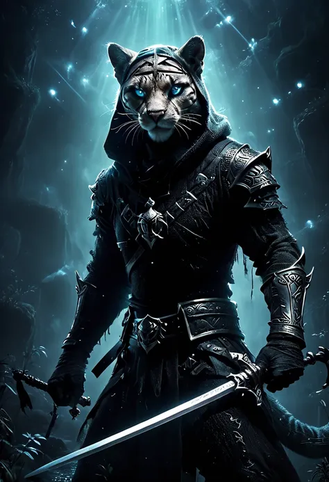 ((a dark swearer cougar, swearer's clothing with hood and sword, dynamic pose, epic:1.5)), ((dark background, moonlight night:1....