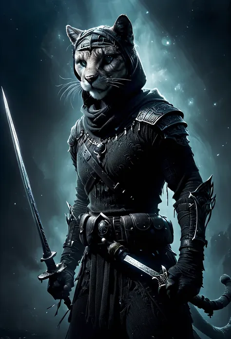 ((a dark swearer cougar, swearer's clothing with hood and sword, dynamic pose, epic:1.5)), ((dark background, moonlight night:1....