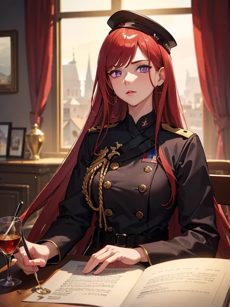 Masterpiece, best quality, 1 girl, red hair,purple eyes, European military uniform,empire, luxurious, Detailed eyes, Detailed facial features, Realistic and high resolution (best quality, 4k, 8k, height, Masterpiece:1.2)