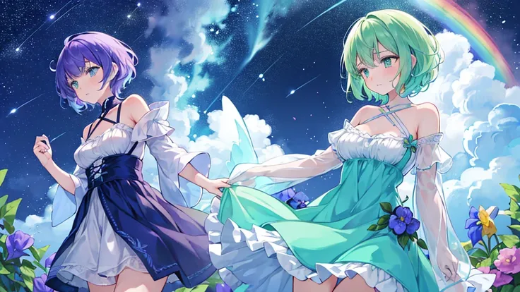 Depth of written boundary, profile, Neat body shape, Beautiful detailed girl, a bit, Colored inner short hair, Beautiful irises and rainbow hair, Are crying, Green Eyes, Small breast with flowers, Ruffled Dress, Cyan color scheme clothing,shooting star