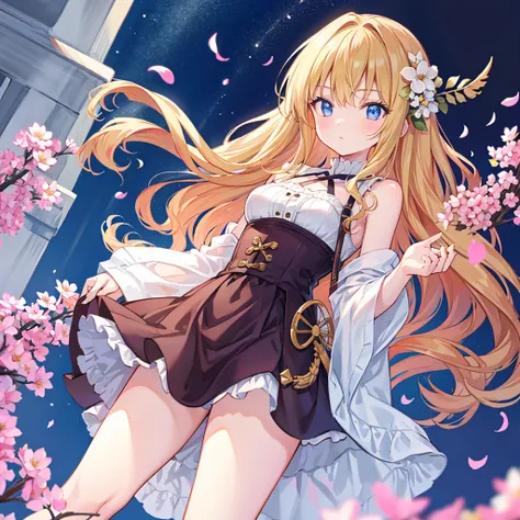 center, From below, Perfect body, Girl very delicate and beautiful girl, Age 25, Detailed long hair, Long Curly Hair, Light brown hair, Gradient Hair, Anime Coloring, Beautiful and detailed, Small breast with flowers, Blonde clothes,