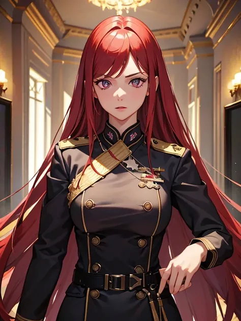 Masterpiece, best quality, 1 girl, red hair,purple eyes, European military uniform,empire, luxurious, Detailed eyes, Detailed facial features, Realistic and high resolution (best quality, 4k, 8k, height, Masterpiece:1.2),Stand and see your whole body.