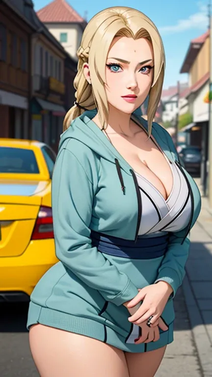 masterpiece, best quality, Super detailed, 1 Girl, Large target , Sexy,  Upper Body, Long hair, Blonde hair, French braid, blue eyes, Bangs, Wearing a street hoodie, fashionable, (Large Breasts、Cleavage, cleveage、Thick thighs)), The perfect figure looks co...