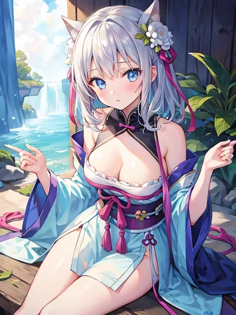 1girl , Silver medium hair, blue eyes, cute, blush, medium breasts⁩, Hanfu