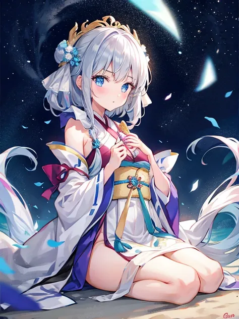 1girl , Silver medium hair, blue eyes, cute, blush, medium breasts⁩, Hanfu