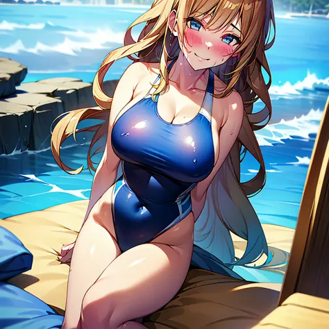 Big Breasts、Blue embellished swimsuit、Shy face、blush、Big 、Sandy Beach、Beach、smile、bikini