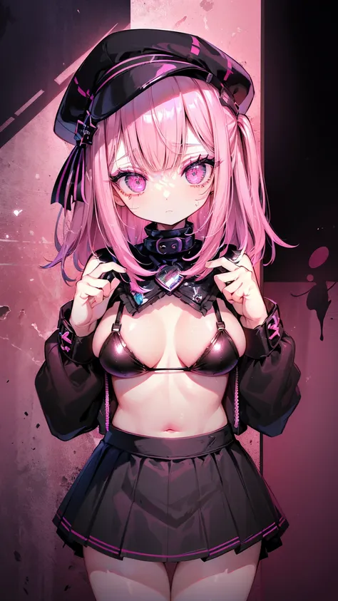 (masuter piece:1.2、top-quality)、(Live action、Intricate details)、(1lady、solo、The upper part of the body、Colossal tits) garments: Edgy、Black jumper、Pink mini skirt、Avant-garde、Experimental appearance: Long pink hair、Dramatic makeup、Unconventional fashion cho...