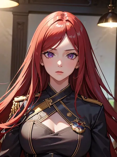 Masterpiece, best quality, 1 girl, red hair,purple eyes, European military uniform,empire, luxurious, Detailed eyes, Detailed facial features, Realistic and high resolution (best quality, 4k, 8k, height, Masterpiece:1.2),Tie your hair,holding a rapier