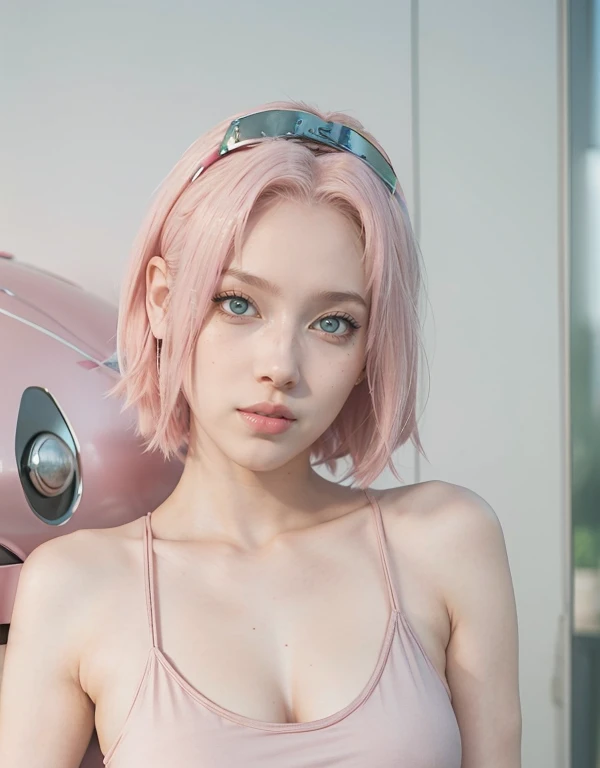 young woman, short shoulder-length pink hair, wide forehead, porcelain skin, pink eyebrows, big emerald green eyes, buttoned nose, full lips, heart-shaped face, slender body, small breasts, red tank top, Sakura Haruno , realistic, realism, details, 3d, wel...